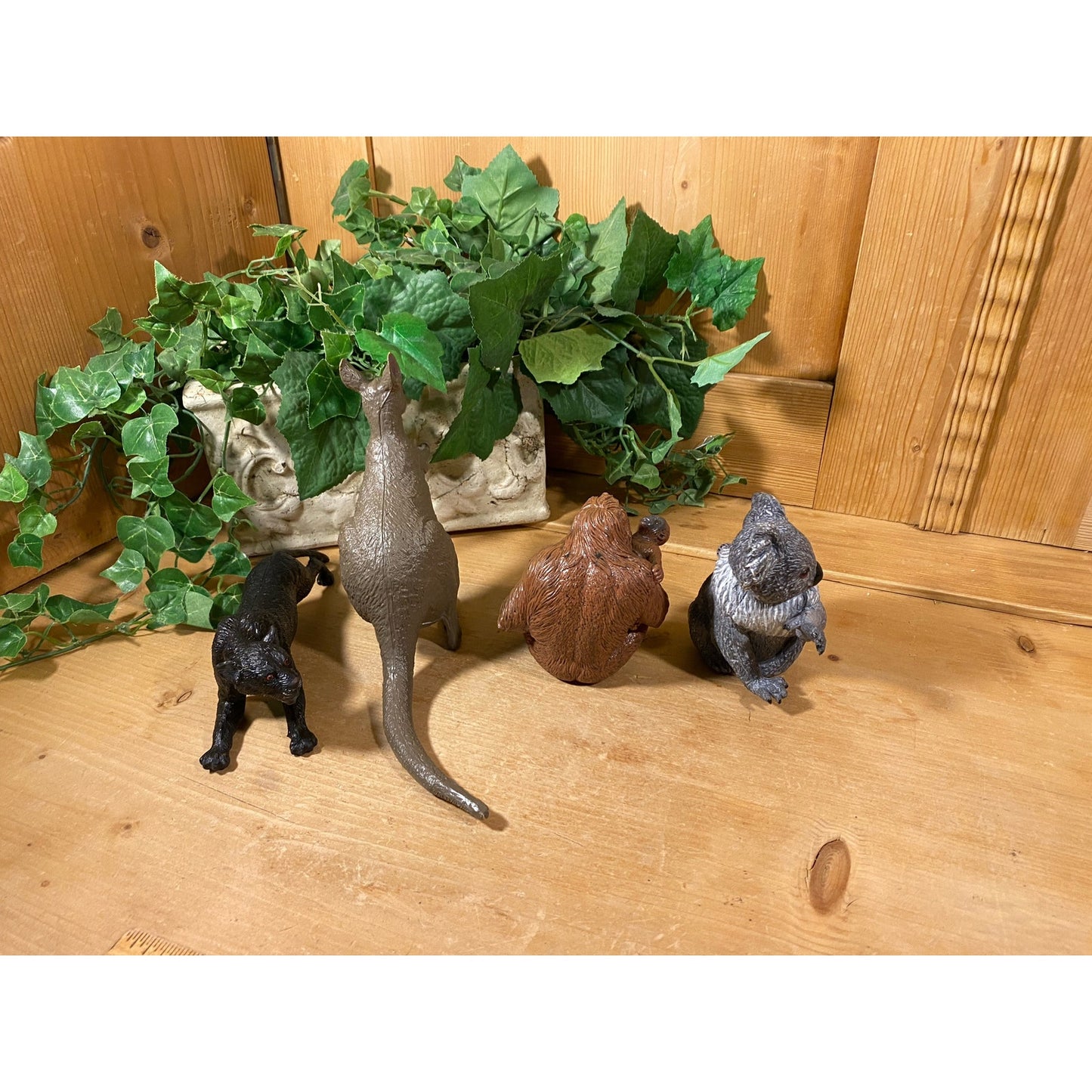 Vintage Realistic Heavy Molded Plastic Animals - Set of Four | Black Panther, Kangaroo, Koala Bear with Baby, Chimpanzee with Baby | Toys