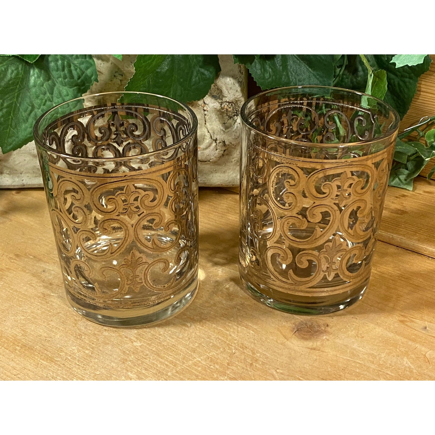 Vintage Spanish Scroll Double Old Fashioned Glasses - Set of 2 | Georges Briard | 22K Gold Filigree | Academia | Glasses with Gold Accents