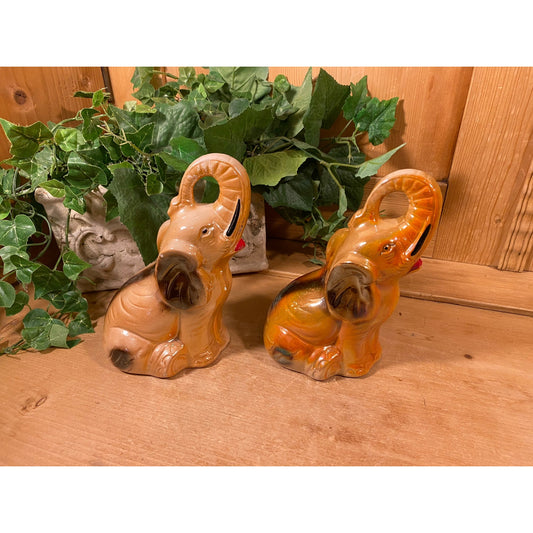 Vintage Brown Lusterware Elephant Figurines - Set of 2 | Brown Ceramic Elephants with Raised Trunks | Boho Shelf Decor | Good Luck Elephants