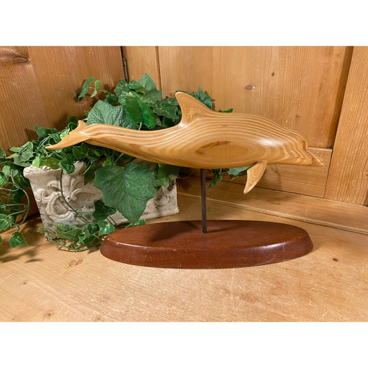 Vintage Carved Wooden Dolphin On Wooden Stand | Signed by Artist Theodore ?? | 1989 | Coastal Table Decor | Dolphins | Beach Decor | Florida