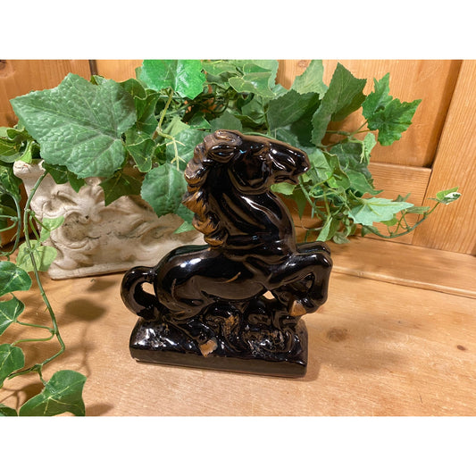 Vintage Hand Painted Black Ceramic Horse Figurine | Tilso | Black Pottery Horse with Gold Accents | Made In Japan | Academia Shelf Decor