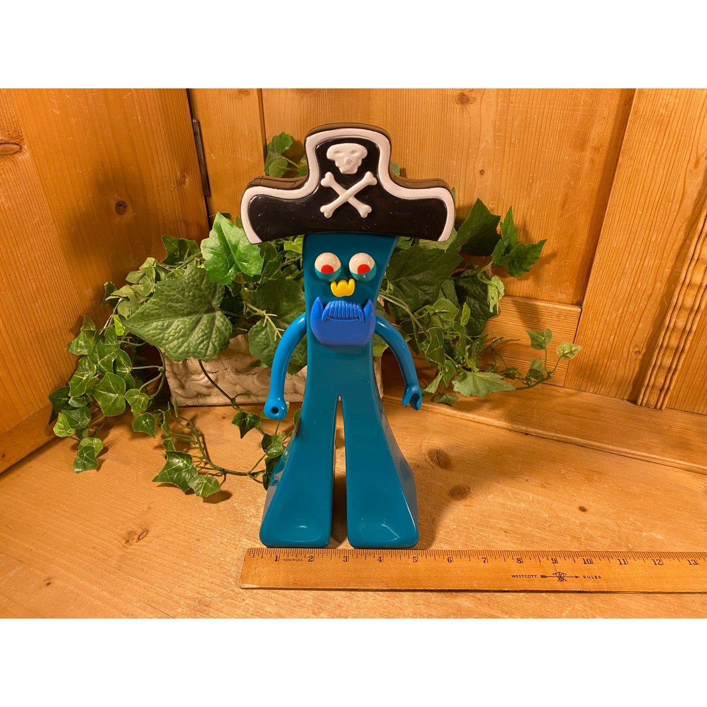 Vintage Gumby Toy Figurine with Pirate Hat | Bendy Blue Gumby with Pirate Disguise | Retro Desk Decor | Gumby with Beard and Pirate Hat
