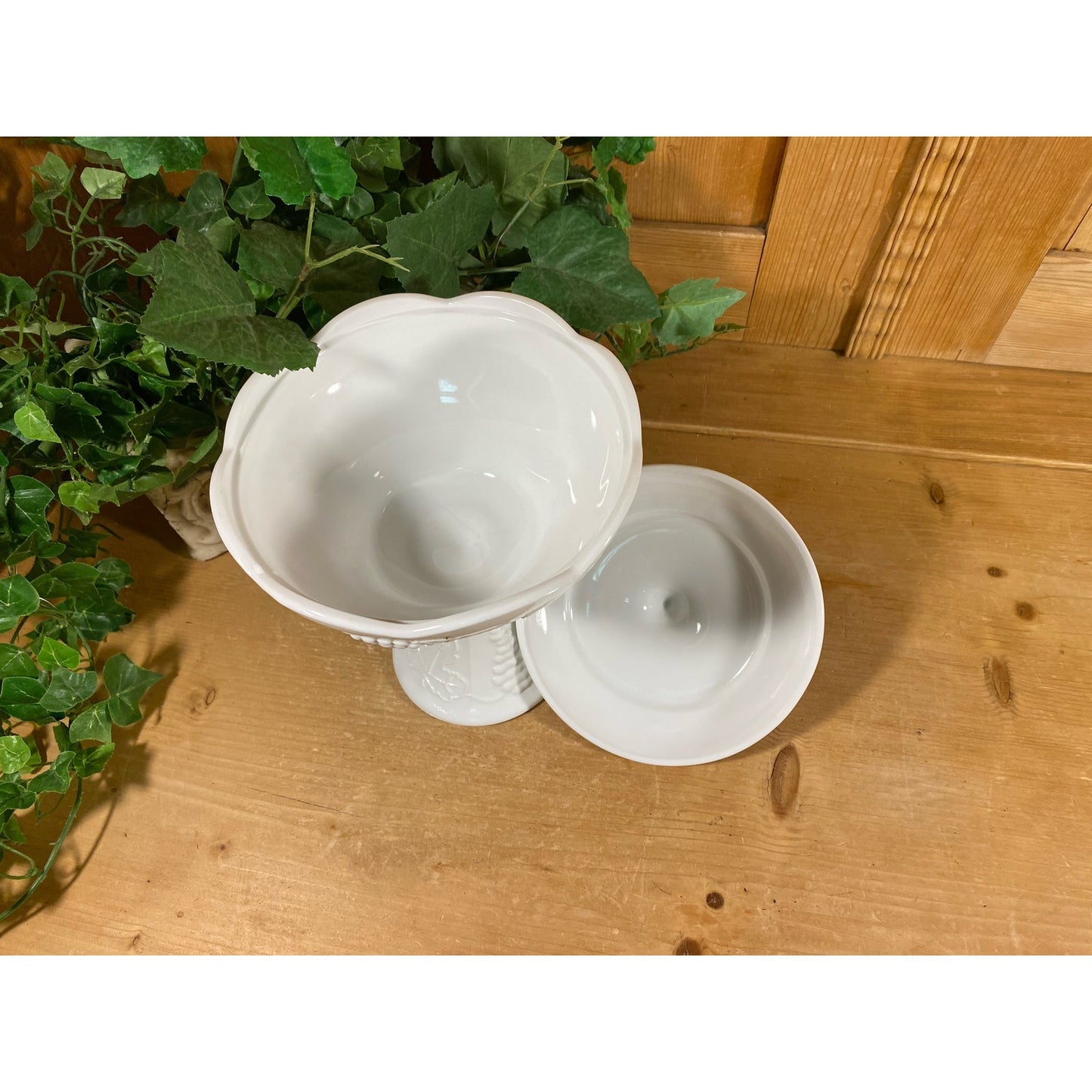 Vintage  Covered Milk Glass Candy Dish with Grapes | White Glass Pedestal Candy Dish with Cover | Milk Glass Dish | Cottagecore Table Decor