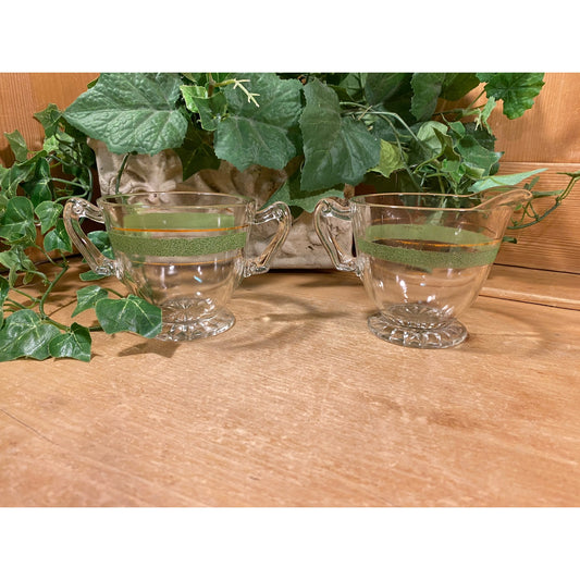 Vintage Clear Glass Sugar Bowl and Creamer with Green Stripe - Set of 2 | Kent | Midcentury Modern Decor | Sugar Bowl + Cream Pitcher | MCM