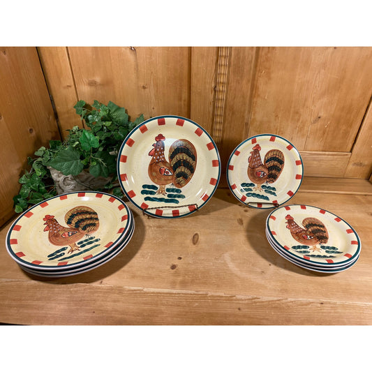 Vintage Folk Art Rooster Plates - Set of 8 | Baum Bros. | 4 Dinner Plates, 4 Salad Plates | Style Eyes | Farmhouse Decor | Chicken Plates