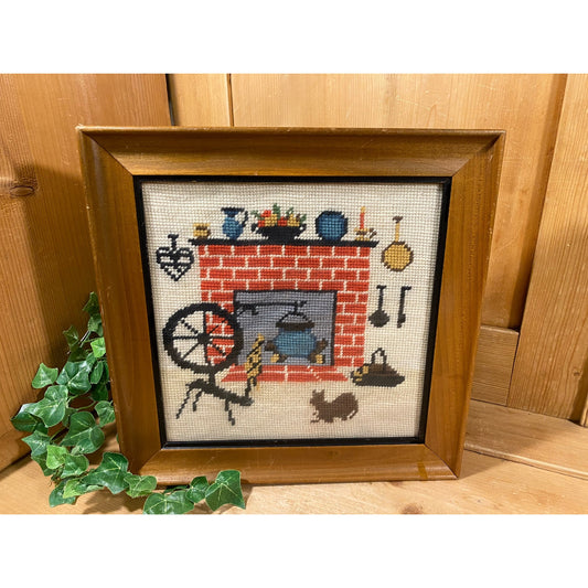 Vintage Framed Needlepoint Art | Colonial Hearth Scene | Fireplace, Spinning Wheel, Cat | Cottagecore | Handmade Textile Art In Wood Frame