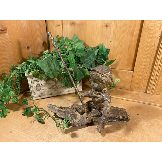 Vintage Little Boy Fishing Paper Mache Figurine | Cottagecore Shelf Decor | Lake Cabin Shelf Decor | Retro Paper Mache Art | Fishing Decor