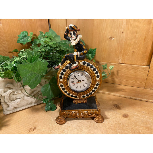 Vintage Harlequin Jester Mantle Clock | Quartz Clock with Ceramic Surround | Gold, Black, White | Jester Figure Sitting On A Pedestal Clock