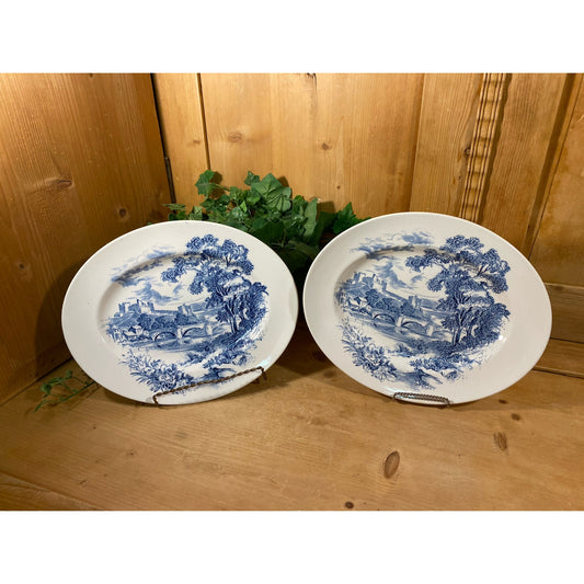 Vintage Wedgwood China Plates - Set of 2 | Blue Transferware | Countryside | Wedgwood Oval Platter Set | Made In England | Cottagecore Decor