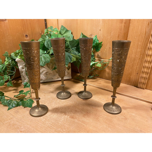 Vintage Etched Brass Pedestal Chalice Vases - Set of 4 | Bohemian Table Decor | Brass Goblet Vases | Academia Table Decor | Boho Decor