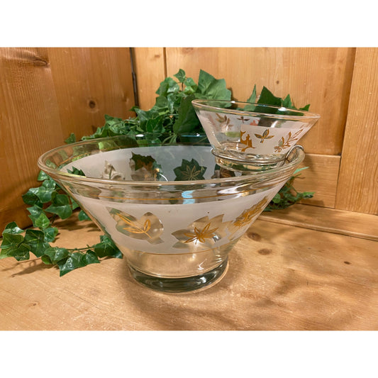 Vintage Glass Chip and Dip Bowl Set | Clear/Frosted Glass with Golden Leaves and Trim | Large Bowl, Small Bowl + Hanger | Midcentury Modern
