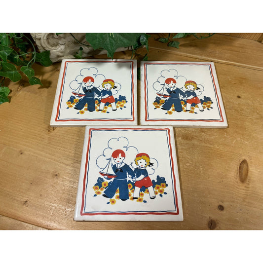 Vintage Whimsical Ceramic Tiles - Set of 3 | Boy with Toy Sailboat and Girl in Flowers | Nautical Nursery Decor | Midcentury Trivet Tiles