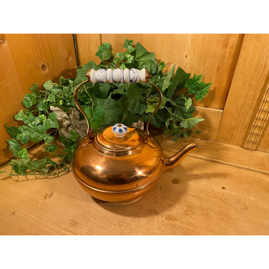 Vintage Copper Kettle with White + Blue Ceramic Accents | Rustic Farmhouse Kitchen Shelf Decor | Vintage Copper Teapot | Farmhouse Kitchen Decor