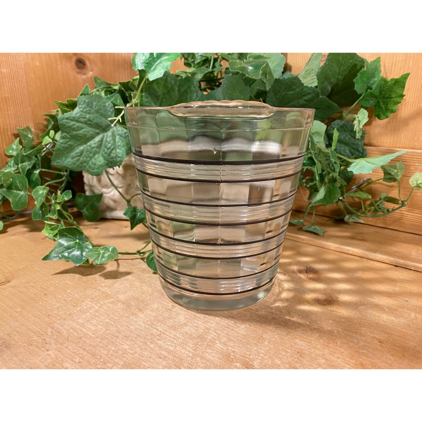 Vintage Striped Clear Glass Ice Bucket with Black Accents | Clear Glass Serving Dish for Wine or Champagne | MCM | Midcentury Modern Barware