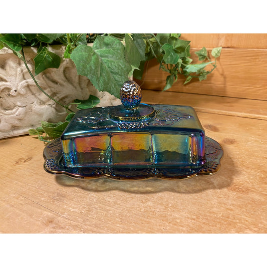 Vintage Harvest Grape Blue Carnival Glass Butter Dish | Indiana Glass | Shabby Chic Table Decor | Iridescent Glass Butter Dish with Cover