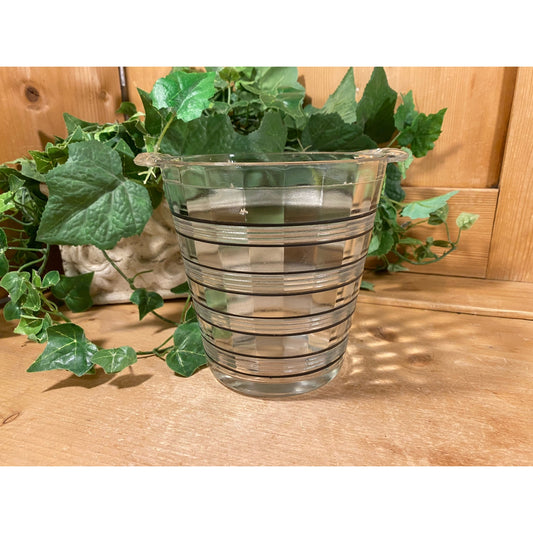 Vintage Striped Clear Glass Ice Bucket with Black Accents | Clear Glass Serving Dish for Wine or Champagne | MCM | Midcentury Modern Barware