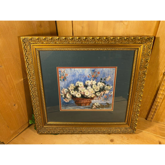 Vintage Framed Floral Still Life Art | White Flowers On Blue | Traditional Decor | Art Print In Gold Frame w/ Green Mat | Cottagecore Decor