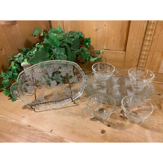 Vintage Clear Glass 9 pc. "Vintage Grapes" Serva-Snack Set | Anchor Hocking | Serving Platter, 4 Teacups and 4 Oval Plates | Cottagecore