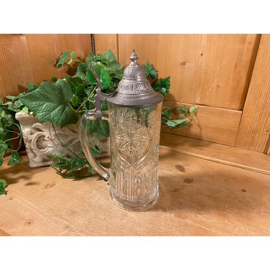 Vintage Pressed Clear Glass Beer Stein with Hinged Pewter Lid | Lidded Glass Beer Mug | Academia Bar Decor | Traditional German Stein