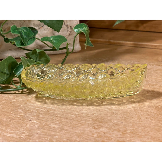 Vintage Uranium Glass Celery Dish | Daisy & Buttons | Light Yellow Vaseline Glass Serving Dish | Victorian Decor | Pressed Glass Celery Boat