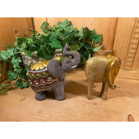 Vintage Ceramic Elephant Figurines - Set of 2 | Moroccan Style Elephants with Raised Trunks | Boho Shelf Decor | Indian Elephants | Bohemian