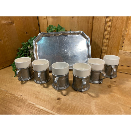 Vintage Pewter Tray and Cordial Cups - Set of 7 | Metal Serving Platter and 6 Stoneware Cups with Pewter Bases | Wilton-Columbia | Academia