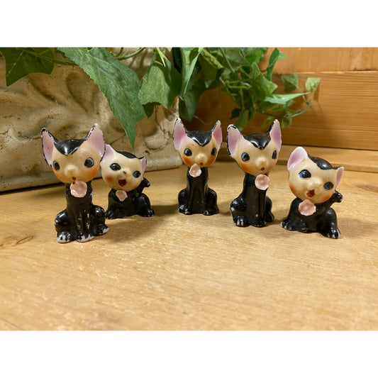 Vintage Porcelain Porcelain Cat Figurines - Set of 5 | Made In Japan | Miniature Black Cat Figurines | Cats | Midcentury Modern Shelf Decor
