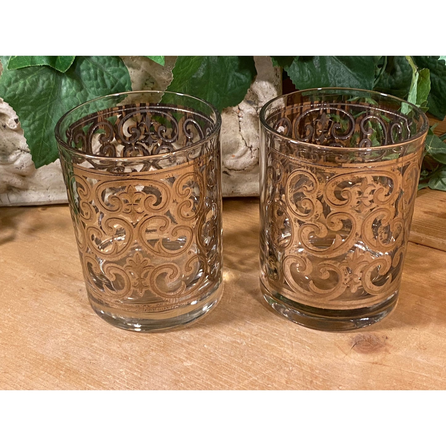 Vintage Spanish Scroll Double Old Fashioned Glasses - Set of 2 | Georges Briard | 22K Gold Filigree | Academia | Glasses with Gold Accents
