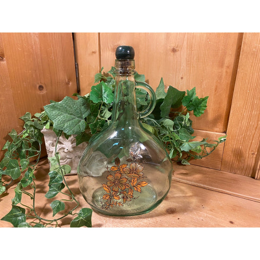 Vintage Clear Glass Wine Jug with Brown Flowers  | Floral Glass Liquor Bottle with Finger Loop Handle | 1970s Table Decor | Wine Bottle Art