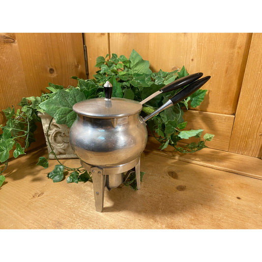 Vintage Aluminum Warming Pan 3 pc. Set | Fondue, Sauce, Milk | Spain | Pot, Base, Ladle | Aluminum + Black Bakelite | Midcentury Modern