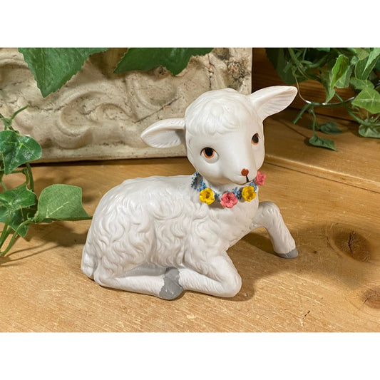 Vintage Ceramic Lamb Figurine with Spring Flowers | White Ceramic Sheep Figurine with Floral Accents | Easter | Cottagecore Shelf Decor