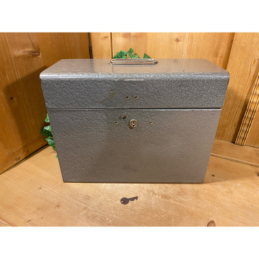 Vintage Gray Metal File Box with Key | Midcentury Modern Office Decor | Lock Box | Industrial Office Decor | Metal File Box | File Organizer