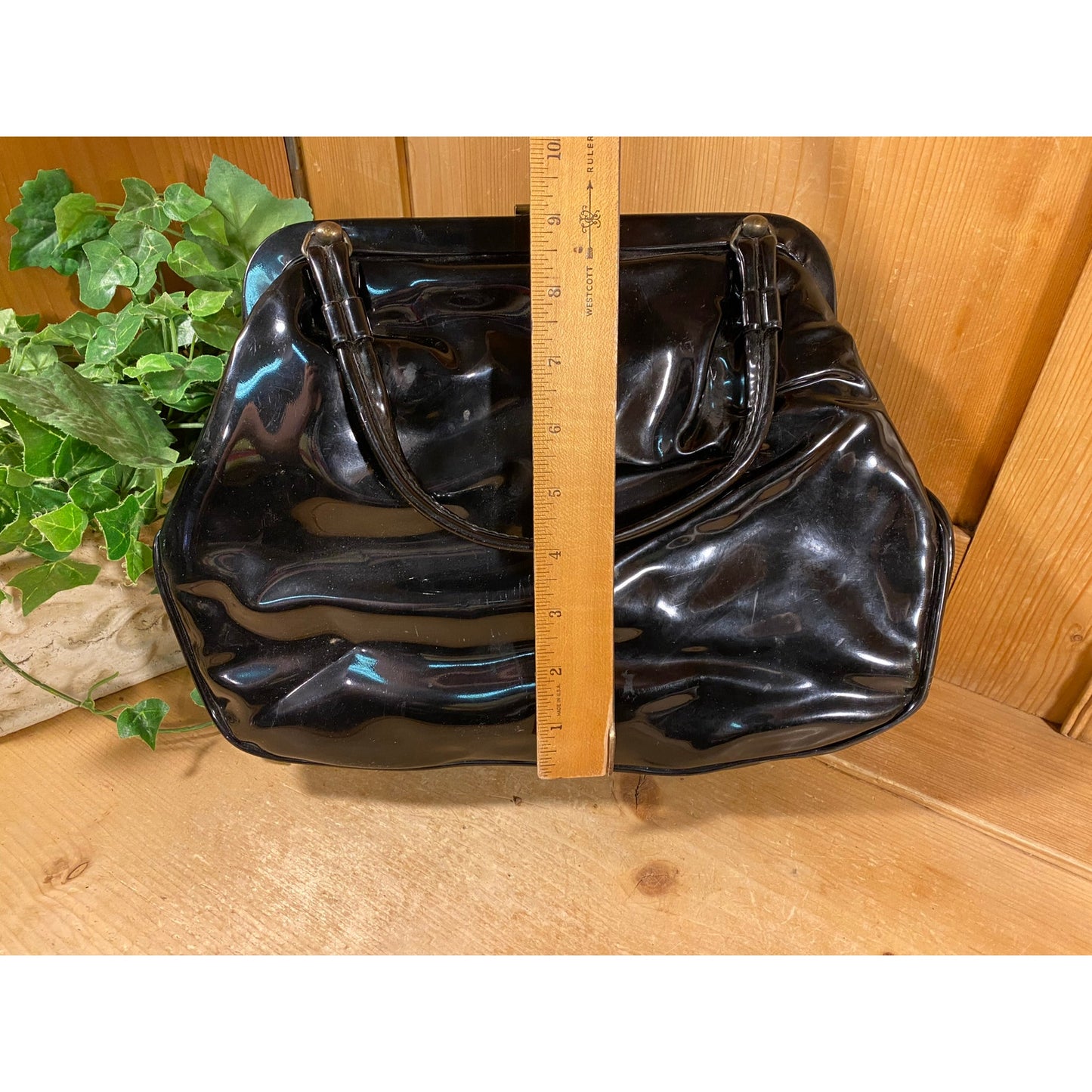 Vintage Black Patent Leather Handbag | Dova | USA | Midcentury Modern Purse with Top Handles | Black Patent Leather Handbag w/ Floral Lining