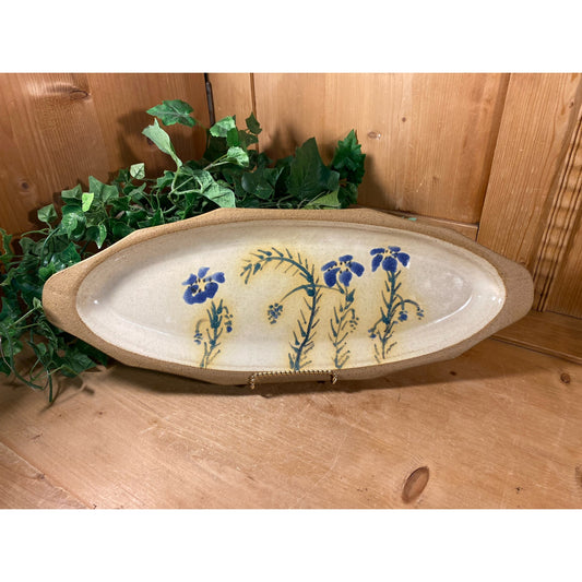 Vintage Floral Pottery Serving Platter | LW Pottery | Blue + Tan Flowered Tray | Long Glazed Ceramic Serving Tray | Bohemian Table Decor | Boho