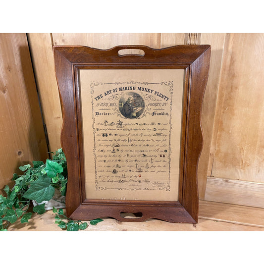 Vintage Wooden Serving Tray with Ben Franklin "The Art of Making Money Plenty" Rhebus Text Art Print | Midcentury Modern Table Decor | MCM