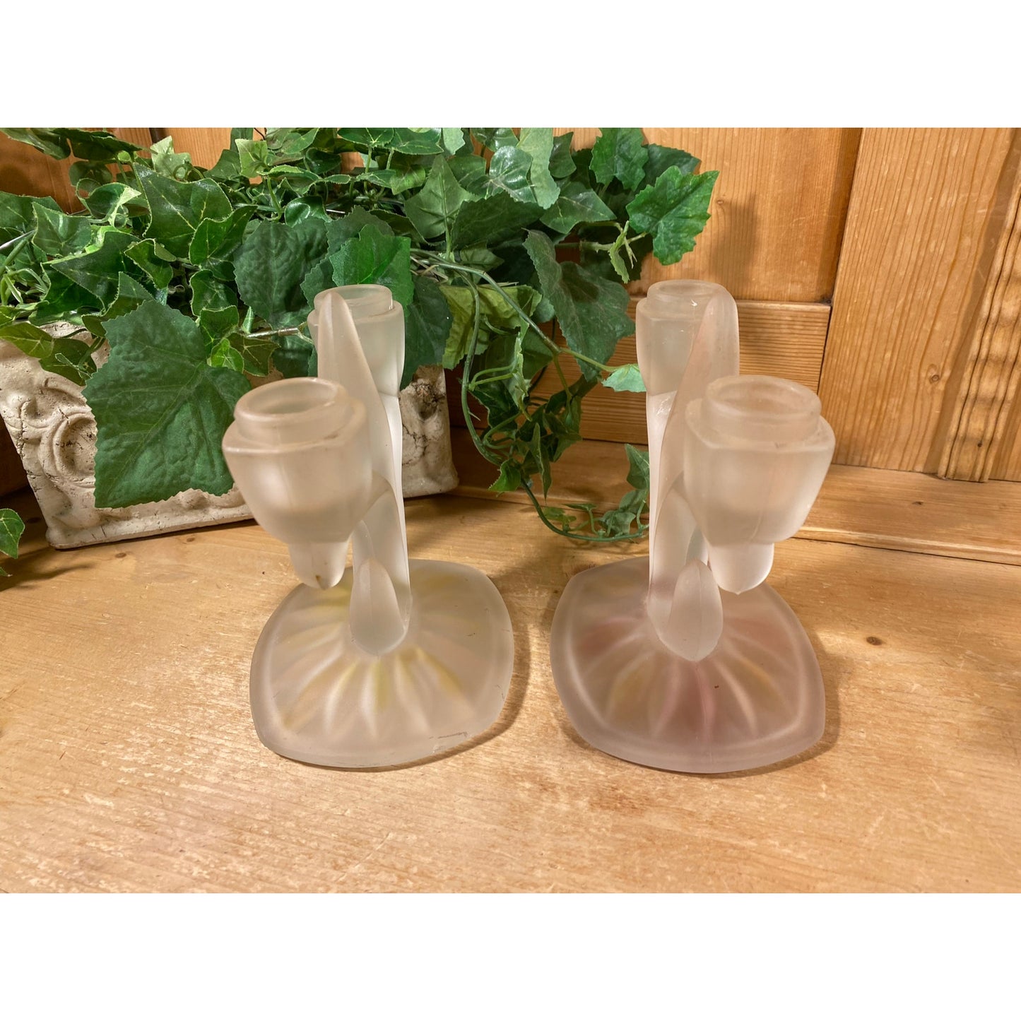 Vintage Satin Glass Double Light Candlesticks - Set of 2 | Indiana Glass | Willow Oleander | Frosted Glass Candle Holders | Shabby Chic
