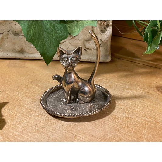 Vintage Silver-Plated Cat Trinket Dish or Ring Holder | Silver Cat Jewelry Holder | Cats | Dresser or Vanity Decor | Gift for Cat Lover