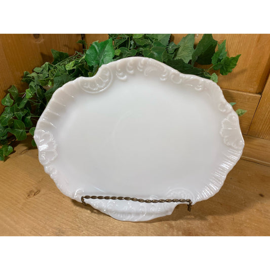 Vintage Ornate Milk Glass Serving Platter | Oval Milk Glass Platter with Fancy Ruffled Edge | Cottagecore Serving Tray | Victorian Decor