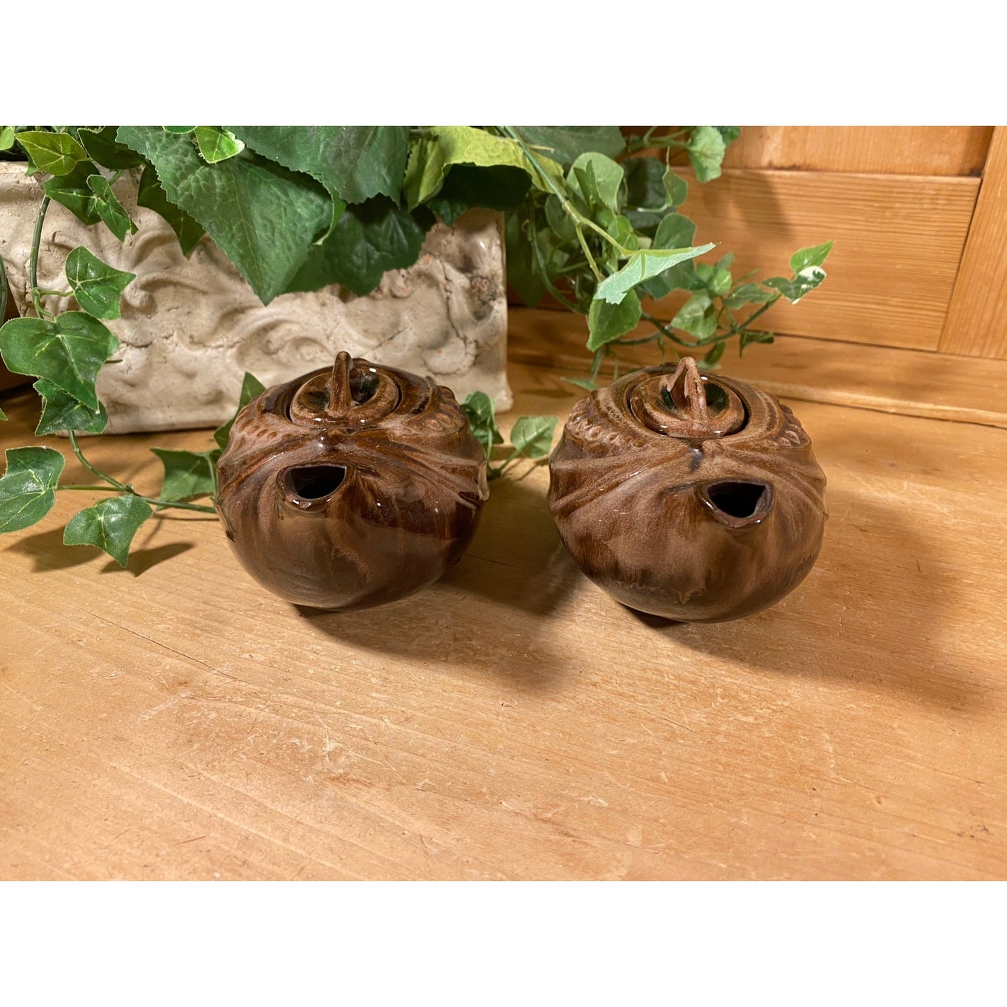 Vintage Brown Drip Ceramic Teapots - Set of 2 | Aladdin / Genie Teapot | Pair of Brown Pottery Teapots | Boho Kitchen Decor | Bohemian Decor