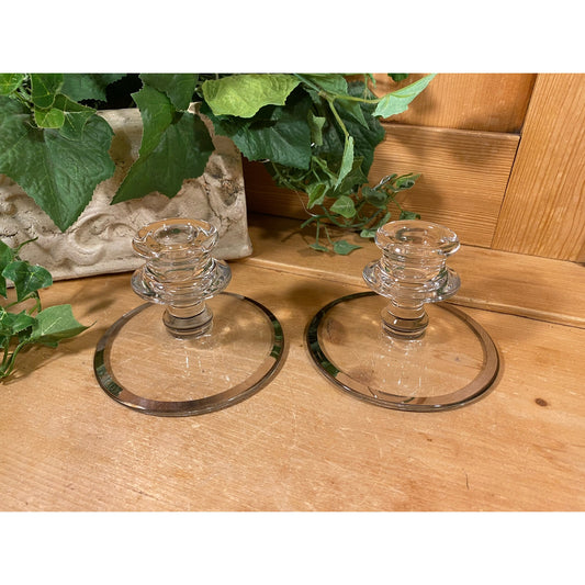 Vintage Fostoria Clear Glass Candle Holders with Silver Trim | Academia Table Decor | Clear Glass + Silver Candlesticks | Fostoria Glass