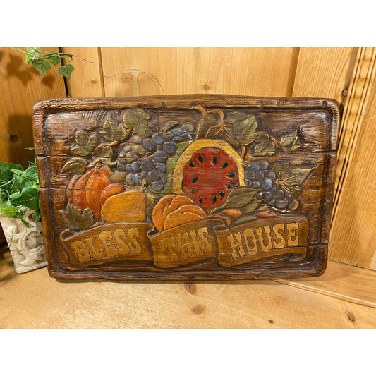 Vintage "Bless This House" Faux Wood Plaque with Carved Fruit  | Farmhouse Wall Decor | 1970s Blessing Plaque | Midcentury Modern Room Decor