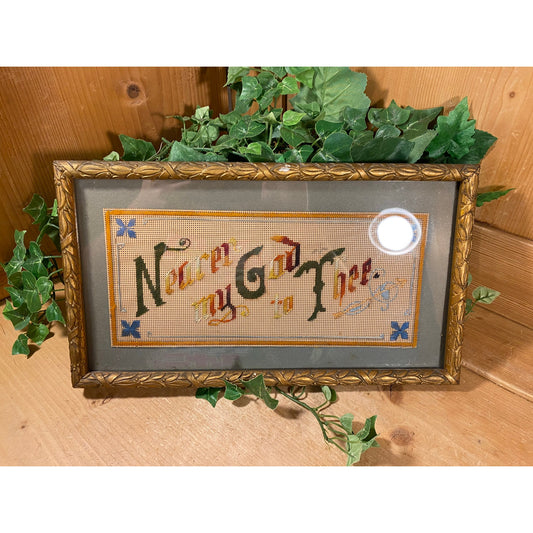Vintage Framed Needlepoint Art | Nearer My God To Thee | Victorian Needlepoint Sampler | Handmade Textile Art | Shabby Chic Wall Decor