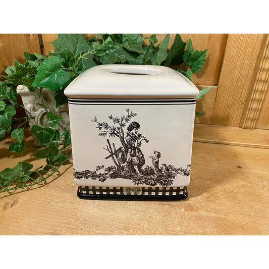 Vintage Waverly Tissue Box Cover | Black + White Toile and Gingham Check | Country Life | Farmhouse Table Decor | English Country Decor