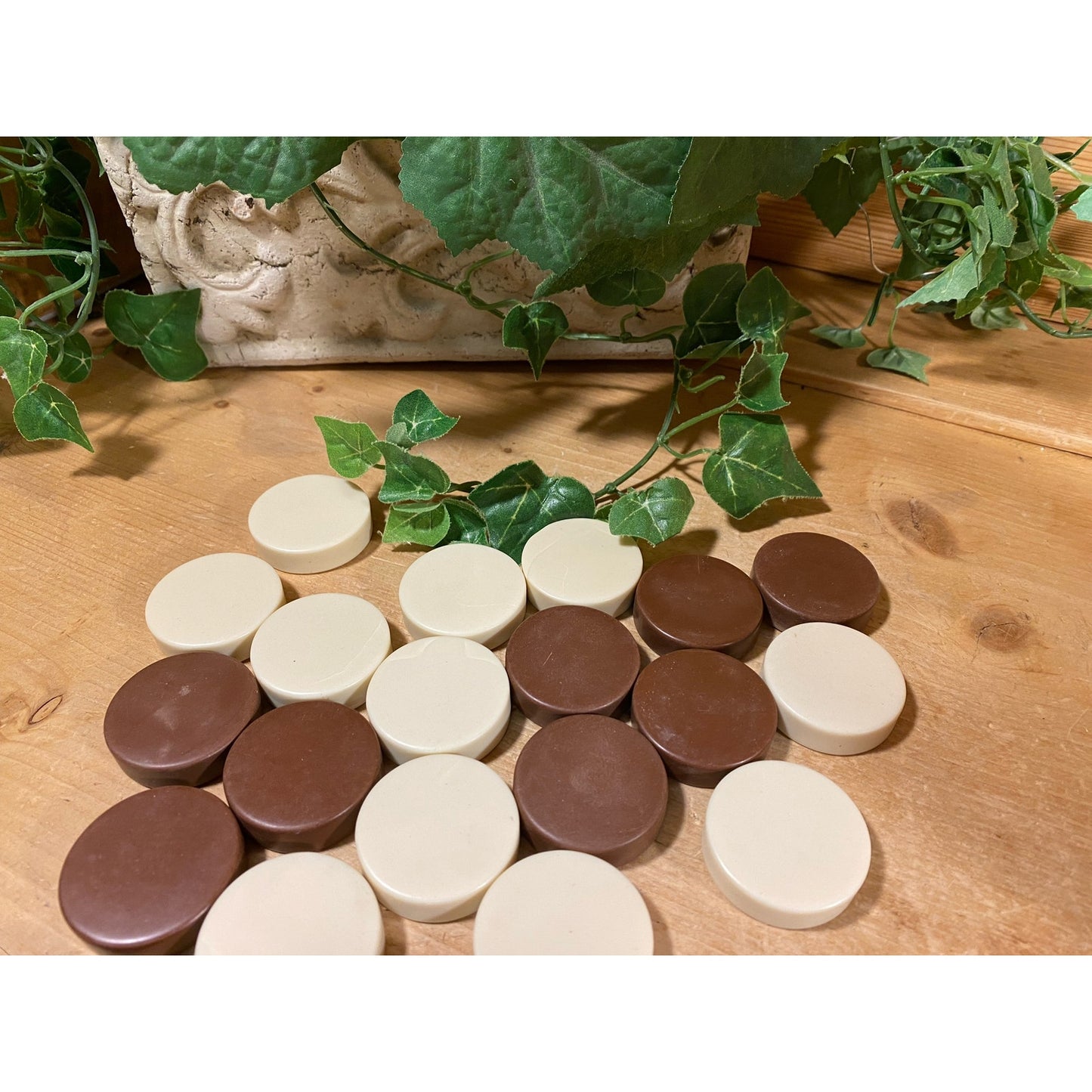 Vintage Bakelite Checkers Pieces | 30 Game Pieces | Brown and White | Round Bakelite Backgammon Pieces | Midcentury Modern Boardgame Pieces