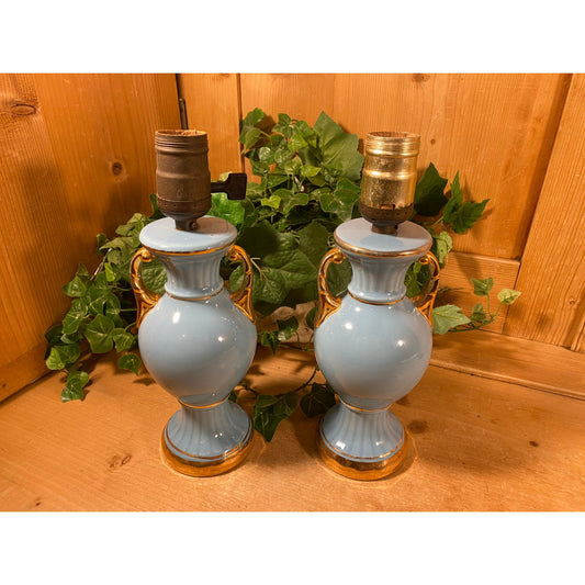 Vintage Blue Ceramic Table Lamp Bases with Gold Trim (no cords) - Set of 2 | Victorian Decor | Lamp Base | Blue + Gold | Shabby Chic Decor