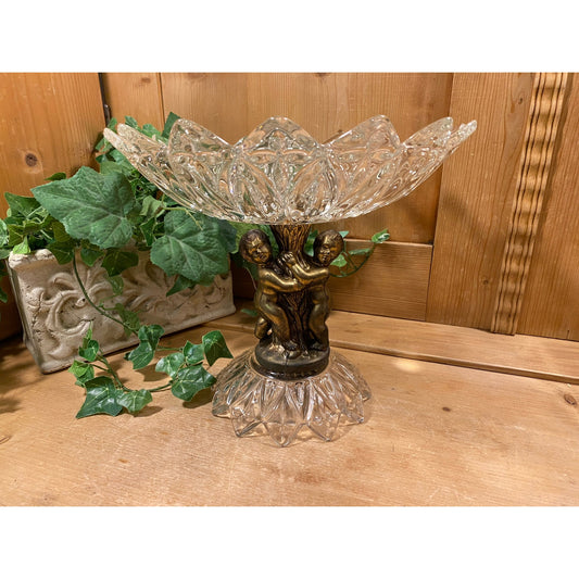 Vintage Cut Glass Pedestal Candy Dish with Metal Cherubs | Shabby Chic Table Decor | Angels | Cherubs Decor | Cottagecore Decor