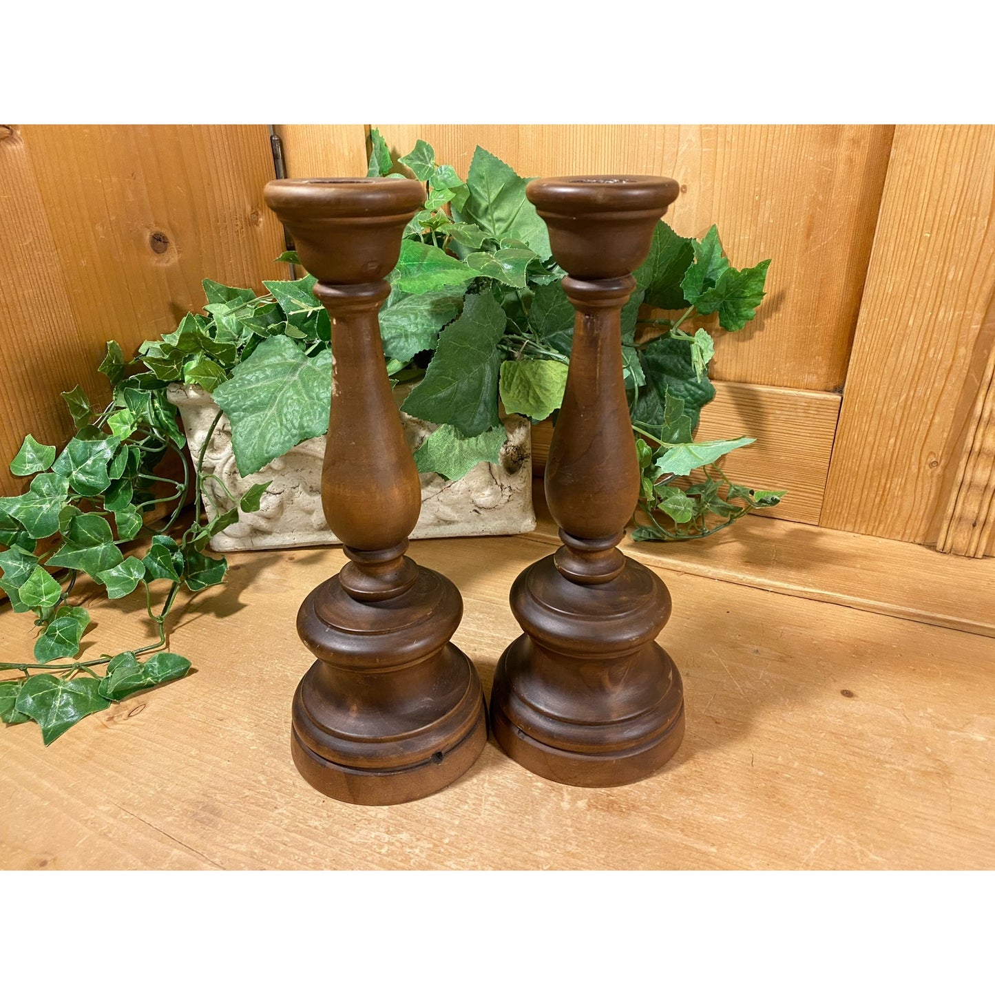 Vintage Handcrafted Wooden Candlesticks - Set of 2 | Rustic Farmhouse Table Decor | Carved Dark Brown Wood Candle Holders | Primitive Decor