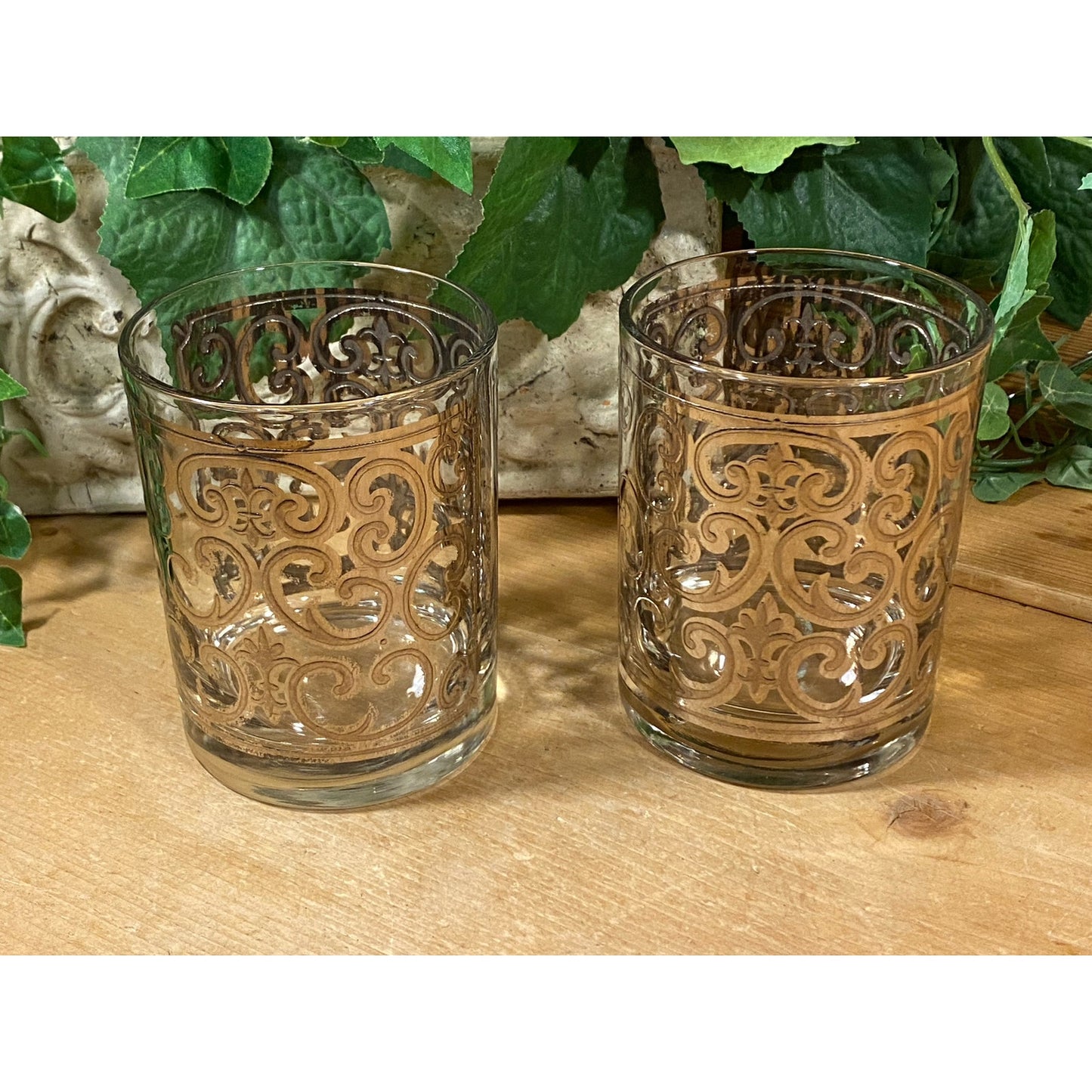 Vintage Spanish Scroll Double Old Fashioned Glasses - Set of 2 | Georges Briard | 22K Gold Filigree | Academia | Glasses with Gold Accents