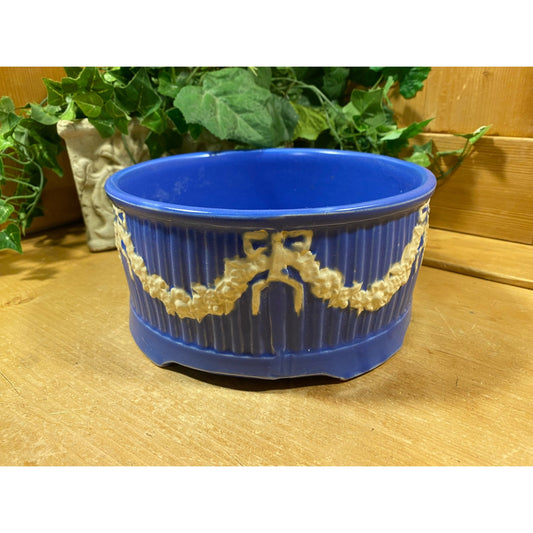 Vintage Ceramic Blue Ribbed Planter with White Swag Trim | Blue Pottery Planter |  Blue and White | Shabby Chic Table Decor | Cottagecore