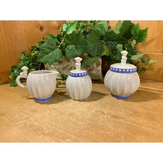 Vintage White + Blue China Tea Service with Little Girl - Set of 3 | Sugar Bowl, Cream Pitcher, Bell | Enesco | Cottagecore Kitchen Decor